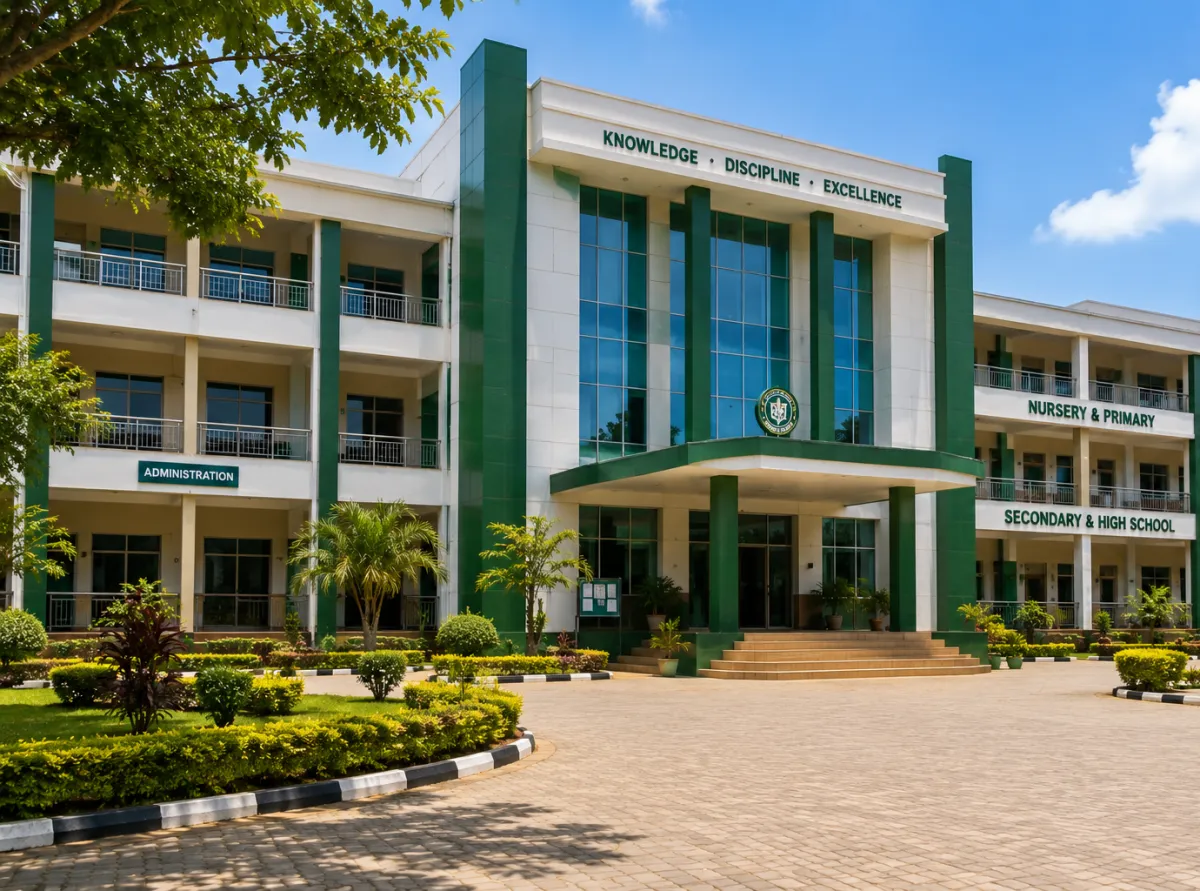 A school with separate nursery-and-primary and secondary-and-high-school wings.