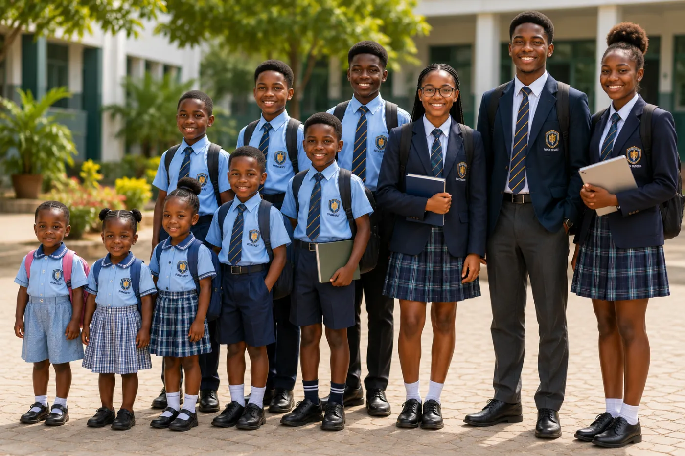 Pupils from nursery through primary and secondary to high school, standing together youngest to oldest.